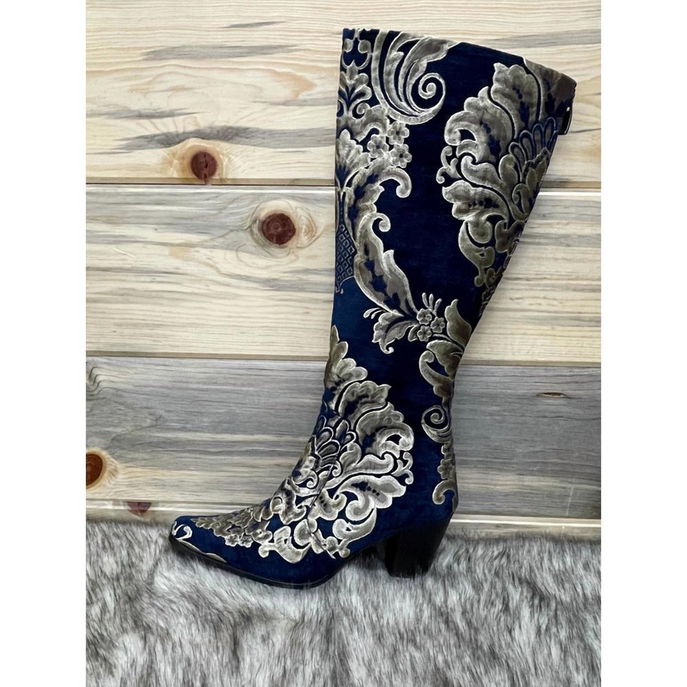 NEW ROCKWELL THARP kensington tall boots in navy and gold